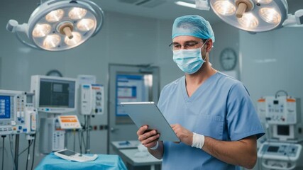 Surgeon in scrubs holds a tablet Surgical instruments surround him in a sterile operating room environment ready for a procedure - Powered by Adobe