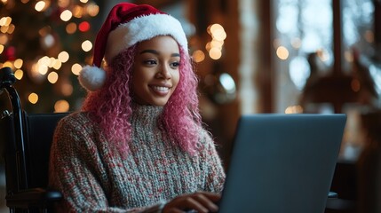 Happy Black disabled woman with pink hair working remotely on a laptop at Christmas. Young African American female remote worker in a wheelchair wearing Santa hat on virtual, Generative AI