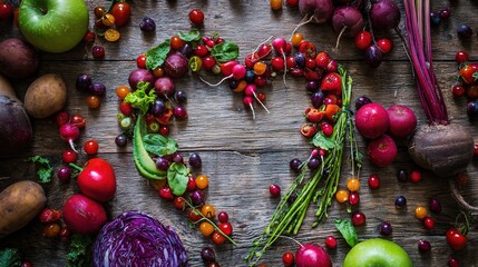 Fresh vegetables and fruits arranged in a heart shape on a rustic wooden surface, bathed in warm natural light.
