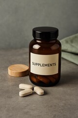 An eye-level shot of a bottle of supplements and three pills on the surface. The bottle has a label, with SUPPLEMENTS printed on it. Next to the bottle is a lid and a napkin