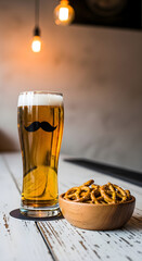 A playful beer mug sporting a mustache alongside salty pretzels on a white canvas. Vertical template for Movember or Oktoberfest festivities, ideal for party invites or bar promos, with copyspace 