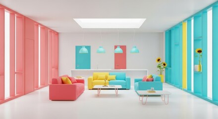 Cheerful Interior Featuring Colorful Sofas, Doors, and Sunflowers in a Modern Room with Natural Light from Above