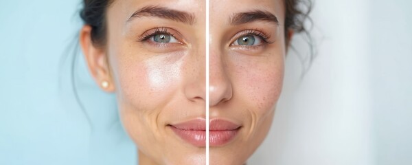 Split image shows female face comparing skin before, after treatment. One side uneven tone, hyperpigmentation, wrinkles. Side displays smooth, healthy, glowing complexion with natural beauty. Focus