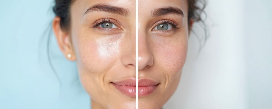 Split image shows female face comparing skin before, after treatment. One side uneven tone, hyperpigmentation, wrinkles. Side displays smooth, healthy, glowing complexion with natural beauty. Focus