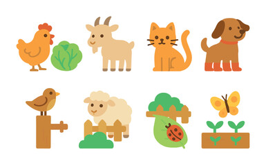 Farm Animal Icons. Flat vector mini-illustrations farm animals near the garden in colors children's