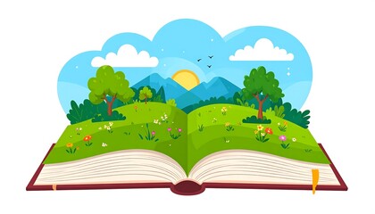 Open book with a lush landscape
