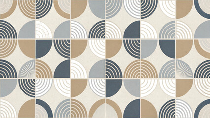 Geometric pattern of squares and semi circles in neutral tones arranged in a tiled repeating design