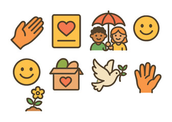 Fototapeta premium Kindness Icon Collection. Flat vector mini-illustrations building legacy through kindness in colors children's