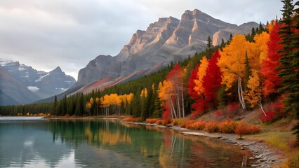 Fototapeta premium Autumn colors reflecting in a mountain lake landscape in Alberta Canada