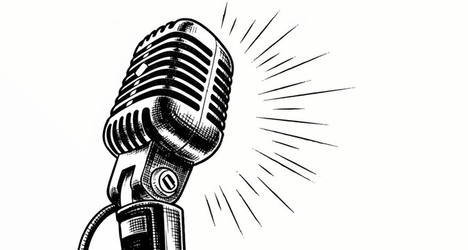 This illustration is ideal for podcast cover art, music event posters, or as a symbol for public speaking, broadcasting, and stand-up comedy.