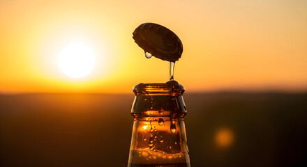 A corked brown bottle top releasing cool smoke over a warm brown backdrop in a banner template for refreshing beverage concepts at summer parties holidays menus and advertising with spacious copyspace