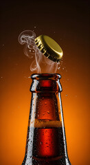 Corked brown bottle top emitting cool smoke on a warm brown backdrop. Vertical template for a refreshing beverage concept at summer parties, holidays, menus and advertising with spacious copyspace.