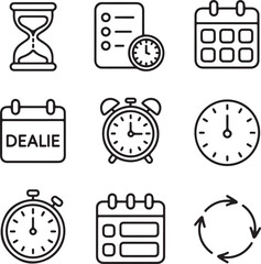 Planning and Timekeeping Vector Icons  Deadlines, Hourglass, Calendar Grid, and Time Management Symbols
