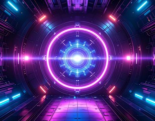 Obraz premium Glowing futuristic energy core emitting purple and pink light beams, dark metallic chamber, high-tech sci-fi design, detailed, 8K resolution