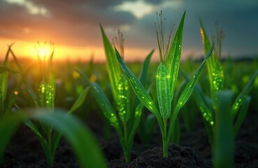 Digital maize seedlings glow in field at sunset, symbolizing innovative agricultural technology and growth. Vibrant green plants represent progress, sustainability, and the future of farming.