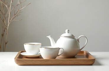 Fototapeta premium Elegant white porcelain teapot, two cups with gold trim set on wooden tray. Perfect for morning tea, breakfast ritual, afternoon break. High-quality ceramicware suggesting refined taste, comforting