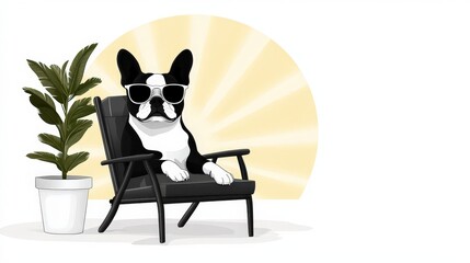 Vignette vector image of a cool black and white bulldog in sunglasses, lounging on cushioned patio furniture, bright sunny atmosphere, simple monochrome palette with bold outlines and smooth shapes.