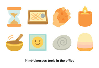 Office Mindfulness Tools. Flat vector mini-illustrations mindfulness tools in the office in colors children's