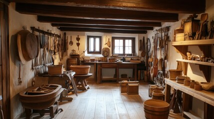 Wooden implements and tools fill a historic workshop.
