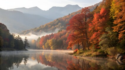 Fototapeta premium Autumn Reflections Serene Lake Scene with Vibrant Fall Foliage and Misty Mountains