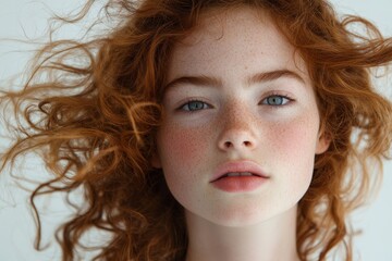 Portrait of a teenage girl with curly hair blowing in the wind, captured in a studio shot with a white background, emphasizing beauty and freedom, Generative AI