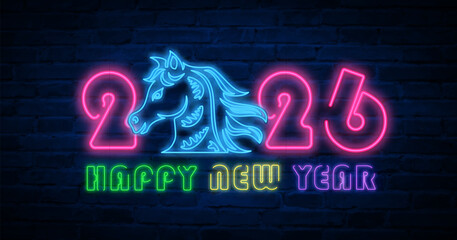 Obraz premium Happy Chinese new year of horse colorful neon light effect outline