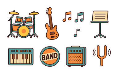 Youth Band Practice Icons. Flat vector mini-illustrations youth band practice in colors children's
