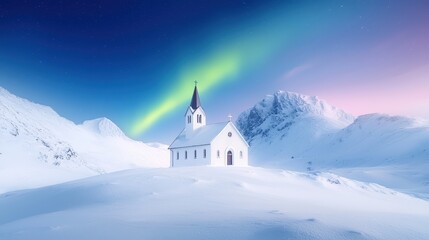 A glowing aurora above a snow-covered church, symbolizing tranquility and faith,