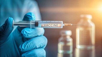Blue gloved hand holding vaccine syringe medical healthcare