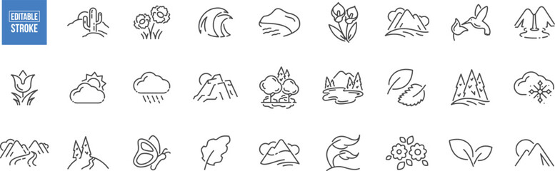 Nature & Environmental Icons – Forest, Tree, Flower, Leaf, Mountain, River, Eco, Sustainability, Nature, Hiking, Plant, Landscape, Wildlife, Green, Organic, Garden, Save Earth, Outdoor

