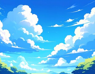 Fototapeta premium Anime-style blue sky with large fluffy summer clouds, nostalgic and vibrant