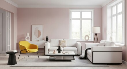 Fototapeta premium Bright Living Room Interior Featuring White Sofas, a Yellow Chair, and Natural Light from Windows