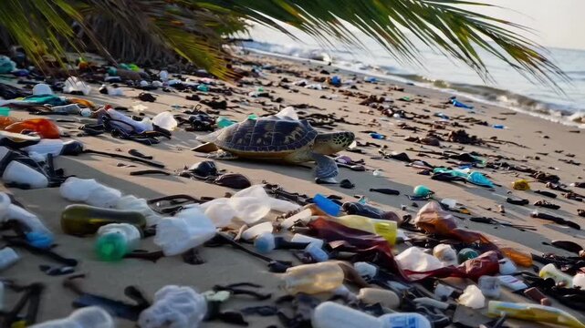 A turtle crawls on a polluted beach covered with plastic litter and debris. The scene highlights environmental contamination and the impact of waste on marine life