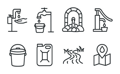 Safe Water Icons. Outline icon set of safe water access: handwashing station, community tap, protected spring,