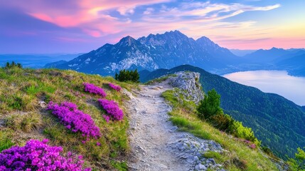 Fototapeta premium Aurora lights casting hues over a rugged mountain trail, appealing to adventurers,