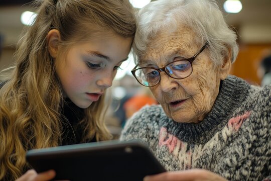 Grandmother and granddaughter interacting with a tablet, with the younger generation teaching the senior to use technology, fostering an intergenerational connection, Generative AI