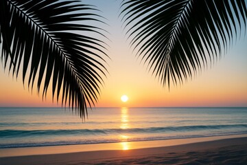 Tropical beach sunset with palm leaves silhouette and gentle ocean waves in serene seascape view captured in soft natural light background. Ai generative
