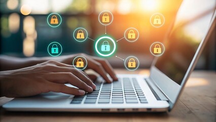 Digital security network with glowing locks cybersecurity