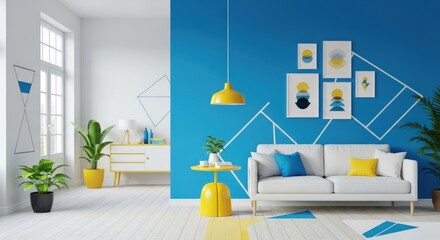 Bright Living Room Featuring a White Sofa, Yellow Accents, and Geometric Wall Art
