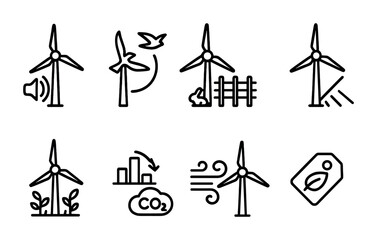 Wind Turbine Impact Icons. Outline icon set of wind turbine environmental impact: noise icon, bird flight path