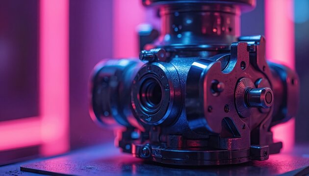 Close-up of advanced robotic actuator, polished metal components, glowing neon purple background. Futuristic technology, automation, engineering, AI, cyborg details, sophisticated machine, precision