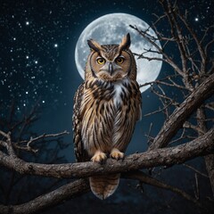 Fototapeta premium Owl perched on a moonlit branch with stars in the background