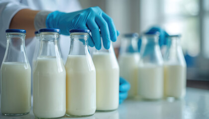 Laboratory technician in blue gloves handles milk samples in glass containers for food safety inspection. Focus on purity, quality control, scientific analysis of dairy products. Cleanliness, health