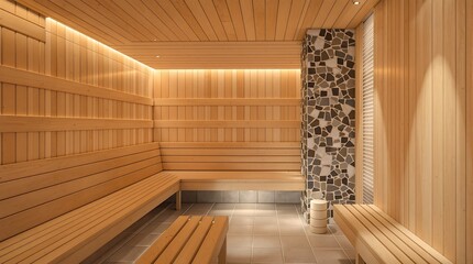 Serene wooden sauna interior with warm ambient lighting and natural stone accent wall