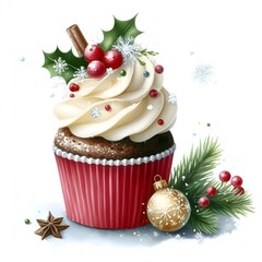 Delicious Christmas Cupcake with Red Berries and Cinnamon