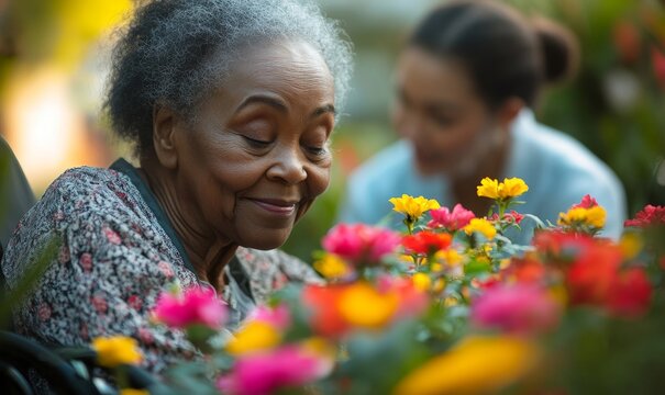 Happy elderly Black African American woman in a wheelchair smelling flowers in a hospice nursing care home garden. African American pensioner with nurse, Generative AI - Powered by Adobe
