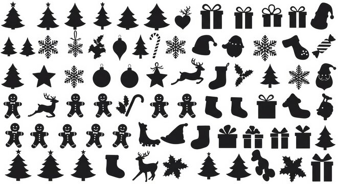 A collection of black Christmas silhouette icons.

