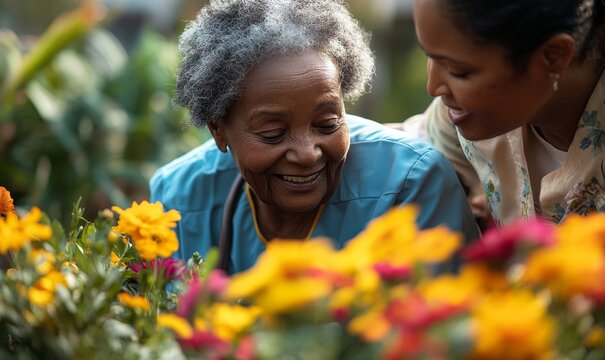Happy elderly Black African American woman in a wheelchair smelling flowers in a hospice nursing care home garden. African American pensioner with nurse, Generative AI