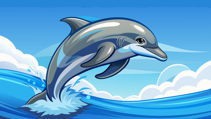 Obraz premium The dolphin jumping out of water, bottlenose arcs gracefully against a soft blue sky. Semi-realistic detail reveals smooth skin, lively eyes, and the playful spirit of this majestic marine moment.