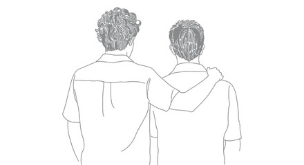 Minimalist back view of two people in embrace, symbolizing empathy, support, friendship, togetherness and emotional connection in line art